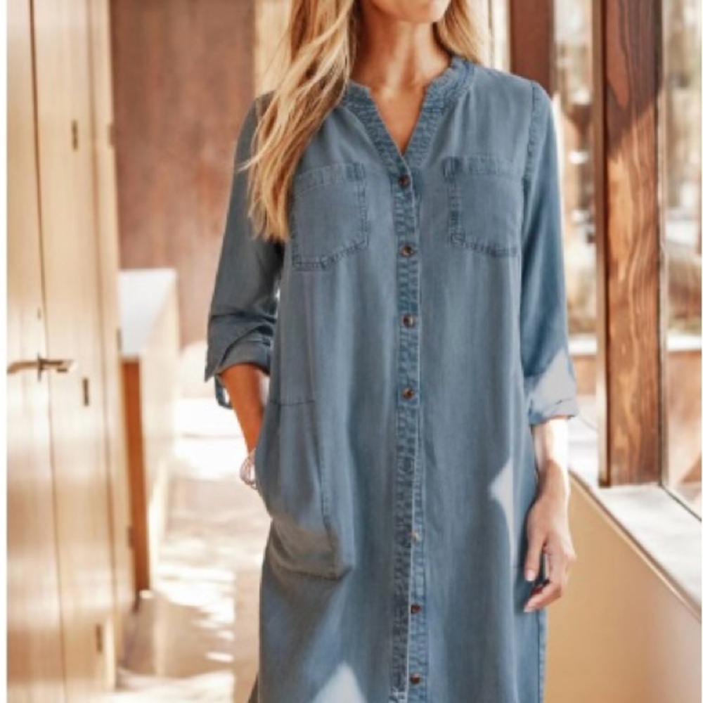J. Jill Denim Blue Long Sleeve Dress - fringed button-front indigo dress. Large